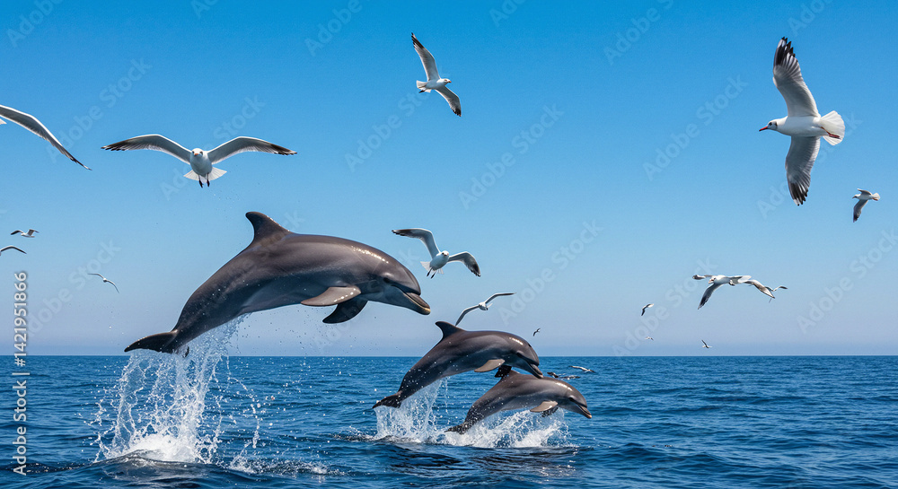 Naklejka premium Dolphins Jumping Out of Ocean Water with Seabirds Flying
