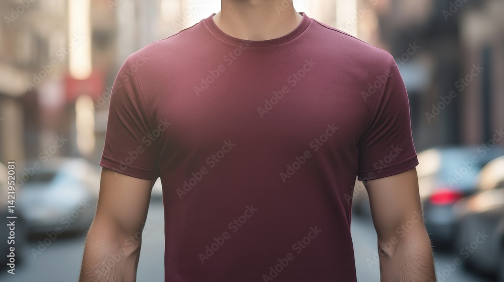 A man's torso wearing a close-fitting, Burgundy, smooth T-shirt with short sleeves, a slightly blurred, out-of-focus city street background in clear day A man's torso wearing a close-fitting, Burgundy, smooth T-shirt with short sleeves, a slightly blurred, out-of-focus city street background in clear day