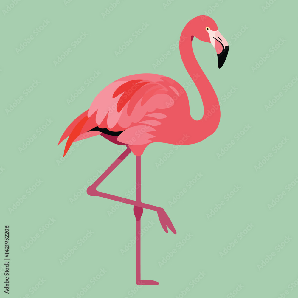 Obraz premium Flamingo standing on one leg with pink feathers and green background vector illustration natural wildlife scene 
