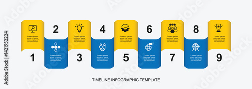 9 step slide modern infographic template vector element with icons suitable for business information and web presentation.
