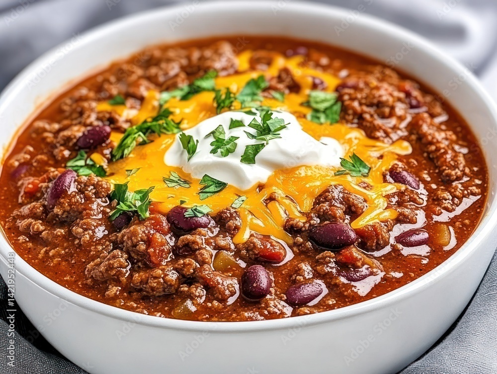 Delectable Bowl of Hearty Chili Con Carne, Topped with Melted Cheese and a dollop of Sour Cream