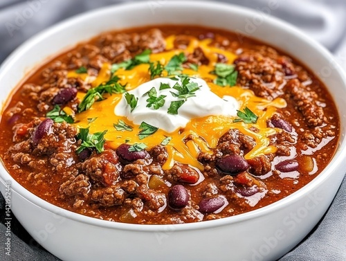 Obraz na płótnie Delectable Bowl of Hearty Chili Con Carne, Topped with Melted Cheese and a dollop of Sour Cream w salonie