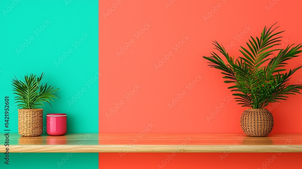 Stylish indoor plants on shelf with vibrant teal and orange wall backdrop, perfect for home décor and creative design.