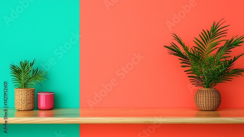 Obraz na płótnie Stylish indoor plants on shelf with vibrant teal and orange wall backdrop, perfect for home décor and creative design. w salonie