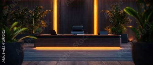 Obraz na płótnie Modern Office Interior Design: Night Ambiance with Warm Lighting w salonie
