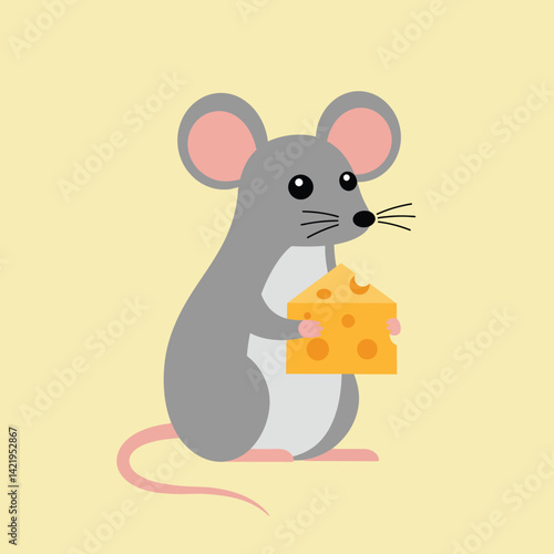 Cute gray mouse holding yellow cheese vector illustration with pink ears and tail on light background 