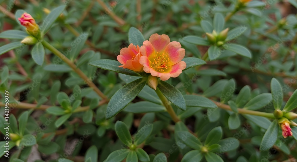 Detailed Peach Colored Purslane Flower with Succulent Green Leaves Macro Photography Showcasing Petal Texture Perfect for Botanical Illustration and Natural Beauty Decoration Detailed Peach Colored Purslane Flower with Succulent Green Leaves Macro Photography Showcasing Petal Texture Perfect for Botanical Illustration and Natural Beauty Decoration
