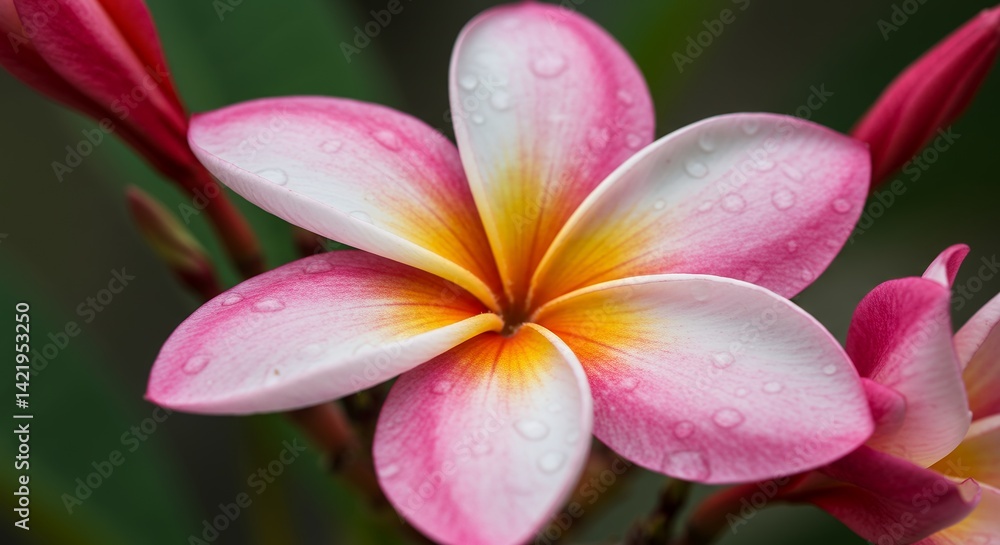 Fototapeta premium Detailed Pink and Yellow Plumeria Rubra Flower with Water Droplets Emphasizing the Delicate Petal Texture in Soft Lighting with Blurred Green Foliage Botanical Close Up