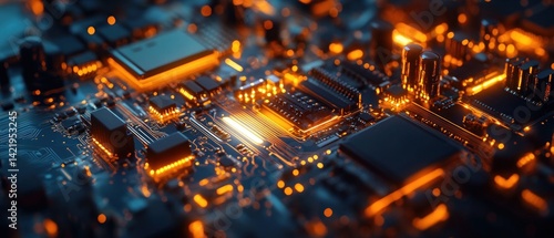 Obraz na płótnie Glowing Circuit Board: A Microscopic View of Technological Innovation w salonie