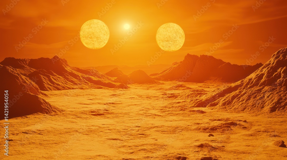 Alien Planet's Sunset: A Double Sun Sets Over a Desolate Landscape