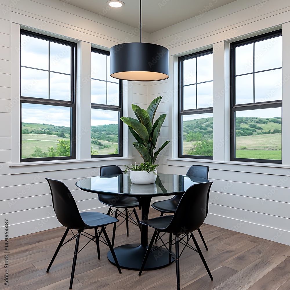Stylish Minimalist Dining Room with Round Table, Black Chairs, Large Windows, and Serene Nature Views