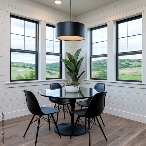 Stylish Minimalist Dining Room with Round Table, Black Chairs, Large Windows, and Serene Nature Views