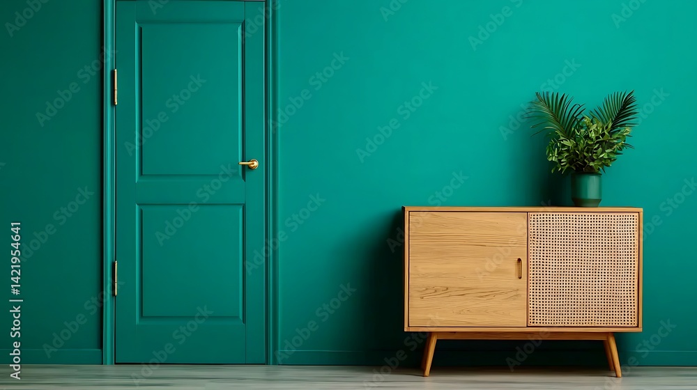 Stylish Teal Interior: Modern Door, Wooden Cabinet, and Green Plant Accenting a Minimalist Home Decor Theme.