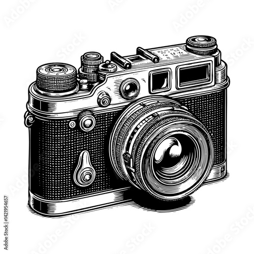 Retro camera sketch engraving black and white outline. Scratch board imitation.
