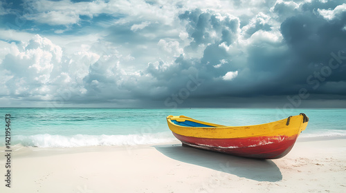 A colorful banana boat beached on soft white sand, waves gently lapping at its base with a dramatic cloudy sky overhead. Fatewoven Strands. Illustration
