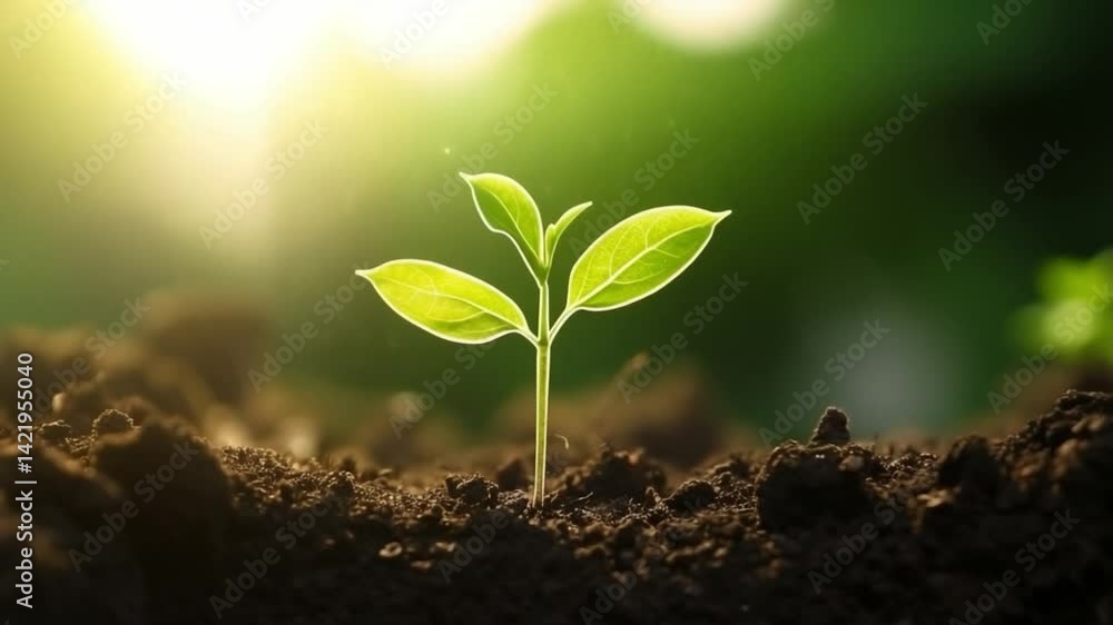 New Growth from the Earth: A close-up shot captures the emergence of new life, a delicate green sprout pushing through the rich, dark soil, illuminated by the sun's warm light. New Growth from the Earth: A close-up shot captures the emergence of new life, a delicate green sprout pushing through the rich, dark soil, illuminated by the sun's warm light.