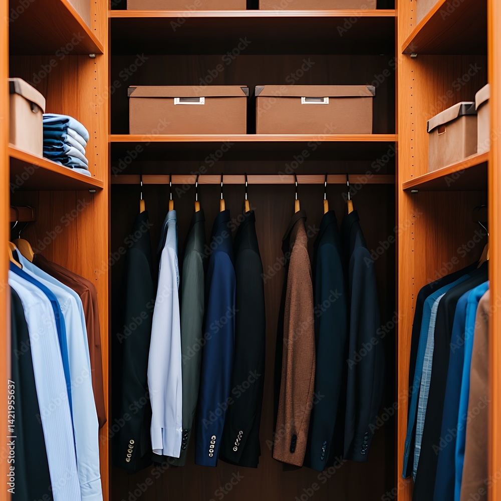 Well-organized wardrobe with suits and shirts hanging neatly inside a closet for a stylish and functional home.