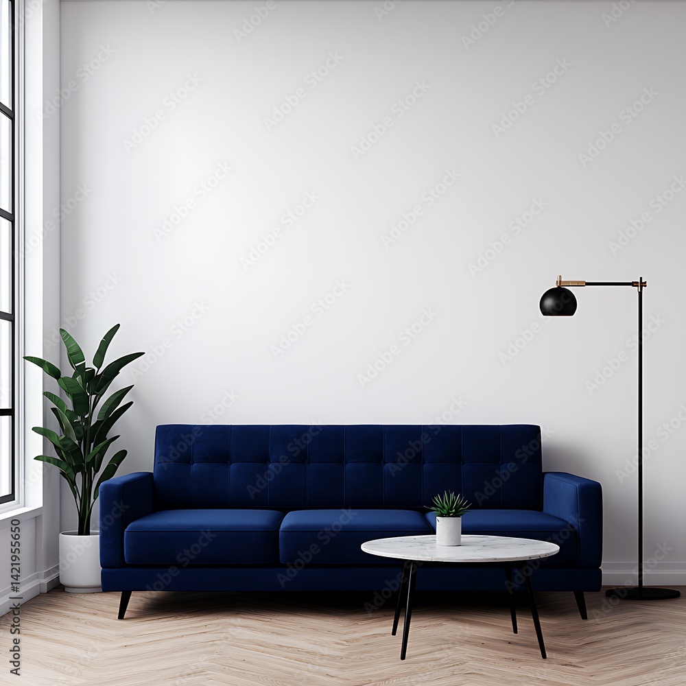 Modern Living Room Interior with Dark Blue Couch, White Walls, Natural Light, and Minimalist Decor Ideas.