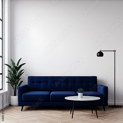 Obraz na płótnie Modern Living Room Interior with Dark Blue Couch, White Walls, Natural Light, and Minimalist Decor Ideas. w salonie