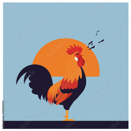 Rooster crowing at sunrise with orange sun and blue sky vector illustration in flat style 