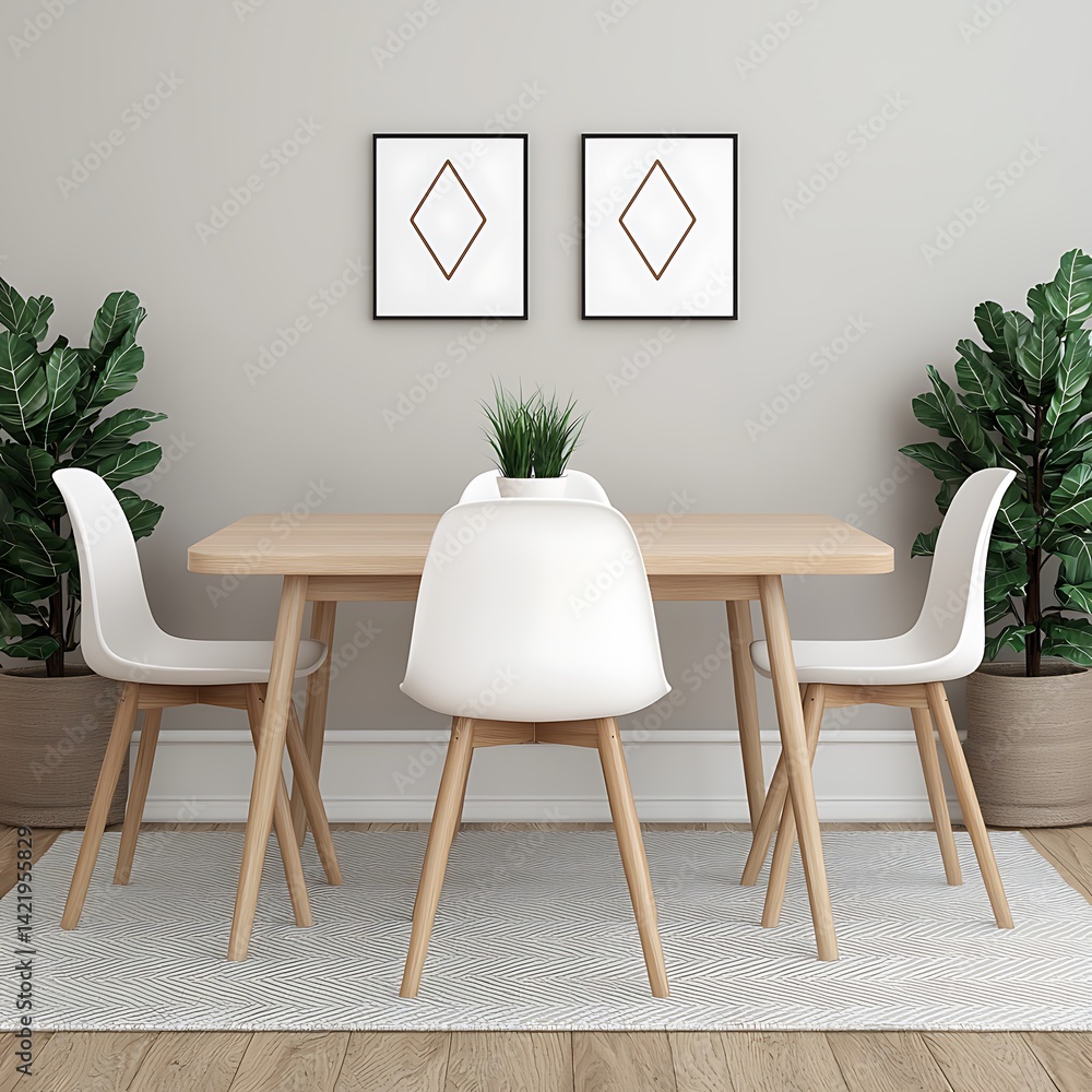 Minimalist Dining Area with Wooden Table, White Chairs, Green Plants, and Geometric Artwork for Modern Interior Design