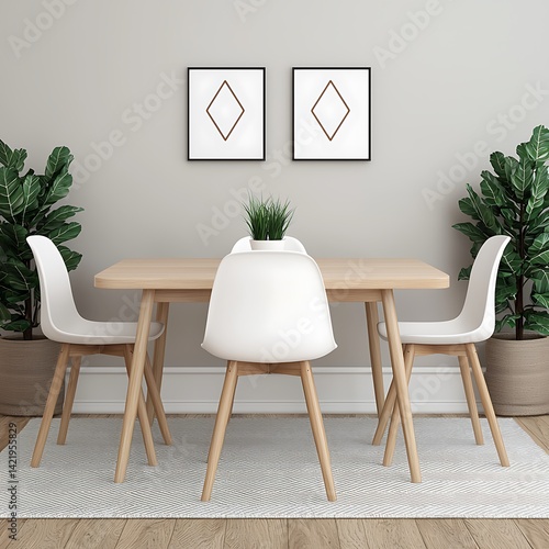 Obraz na płótnie Minimalist Dining Area with Wooden Table, White Chairs, Green Plants, and Geometric Artwork for Modern Interior Design w salonie