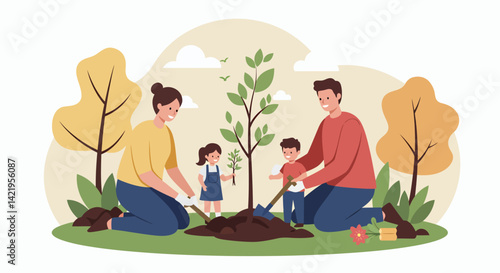 Vector family plants a sapling a sunny day in an outdoor setting
