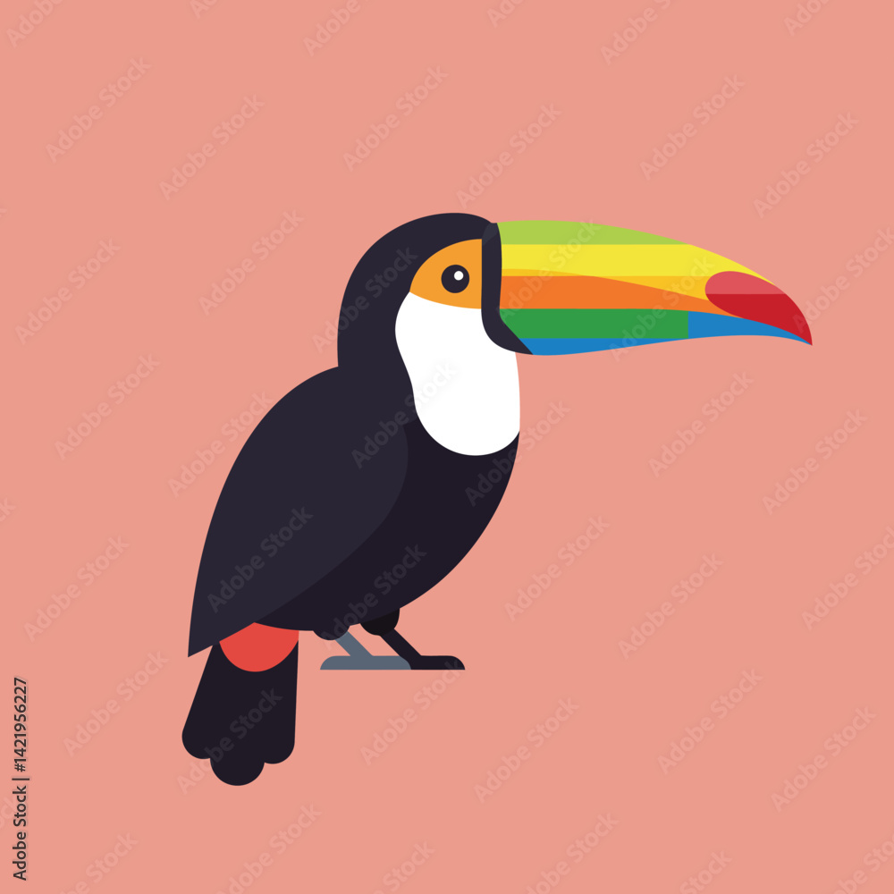 Obraz premium Toucan bird with colorful rainbow beak perched on branch flat vector illustration design