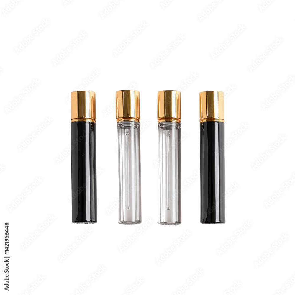 Obraz premium Three Elegant Perfume Bottles with Gold Caps - Black, Clear, and Frosted Glass