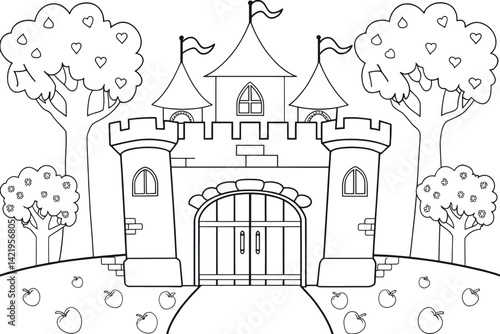 Black and white fairytale castle coloring page with apple trees