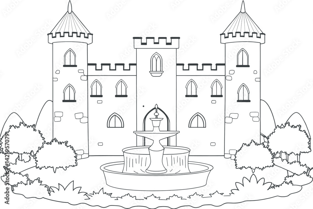 Elegant Black and White Castle with Fountain, Perfect for Coloring Books Elegant Black and White Castle with Fountain, Perfect for Coloring Books