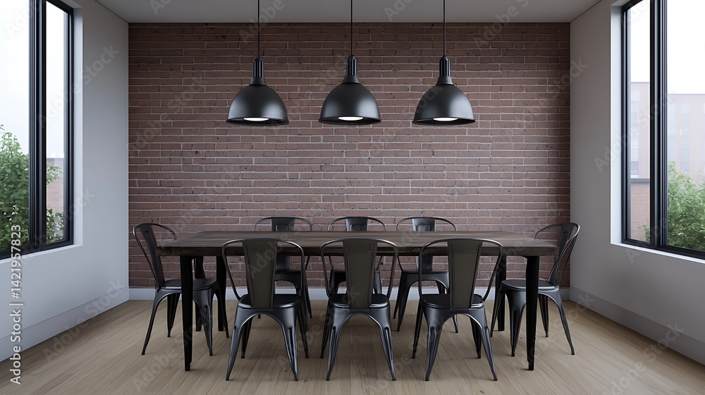 Modern Dining Room Interior with Brick Wall, Wooden Table, Black Chairs and Pendant Lights Creates a Minimalist Vibe.