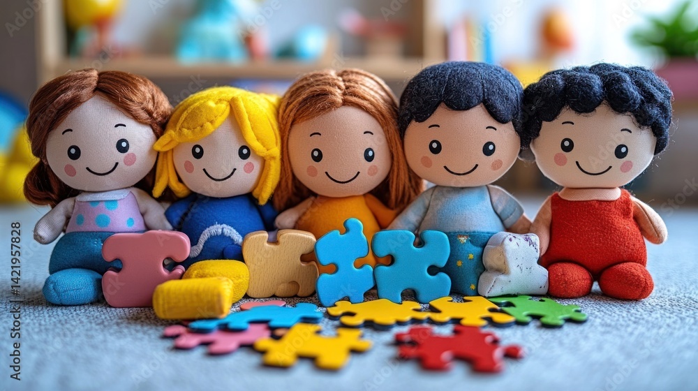 Fototapeta premium Four smiling fabric dolls sitting together with colorful puzzle pieces.