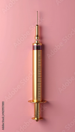 Golden syringe on a pink background indicating modern medical practices and advancements in healthcare technologies and aesthetics