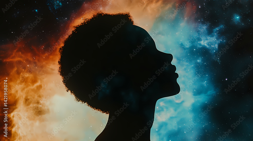 Silhouette of a person's head against a cosmic nebula background, representing the universe within, imagination, and infinite possibilities. Reverie Swell. Illustration