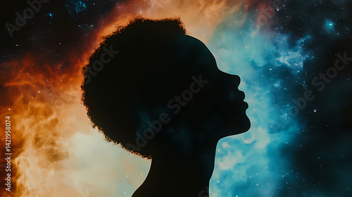 Obraz na płótnie Silhouette of a person's head against a cosmic nebula background, representing the universe within, imagination, and infinite possibilities. Reverie Swell. Illustration w salonie