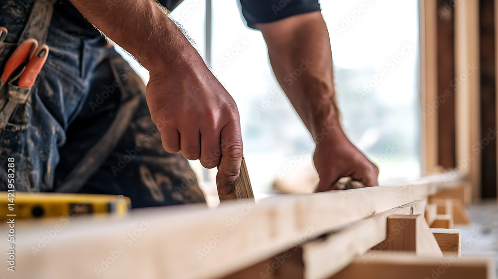 Construction Worker Using Tools on Wooden Beams Construction Worker Using Tools on Wooden Beams