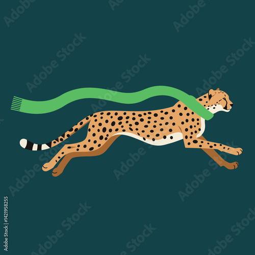Cheetah running with green scarf vector illustration on dark teal background in dynamic motion style 