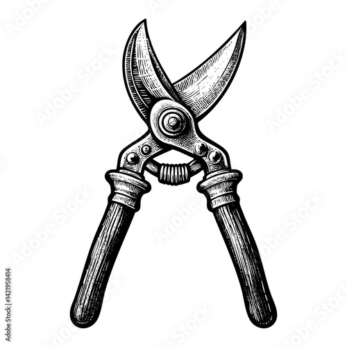 Garden secateurs sketch engraving black and white outline. Scratch board imitation.