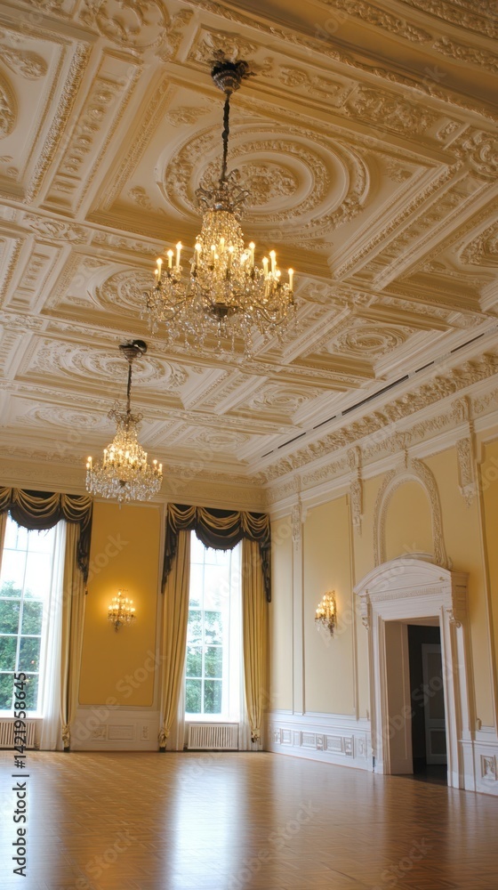 Grand Ballroom Interior: Opulent Ceiling, Crystal Chandeliers, and Elegant Decor