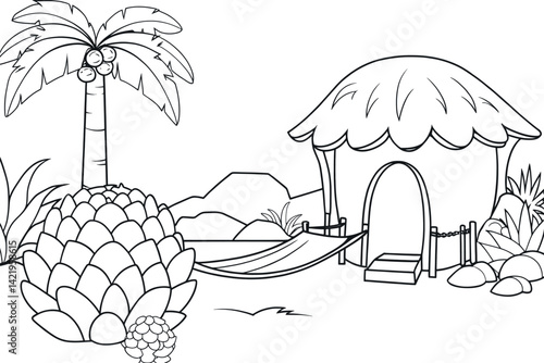 Black and white tropical hut coloring page with palm tree and hammock.