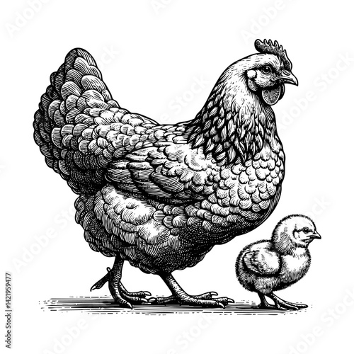 Chicken hen sketch engraving black and white outline. Scratch board imitation.  illustrated in vintage line art style on a white background.