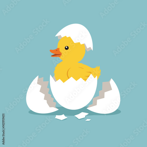 Cute yellow duckling hatching from white eggshell vector illustration on blue background 