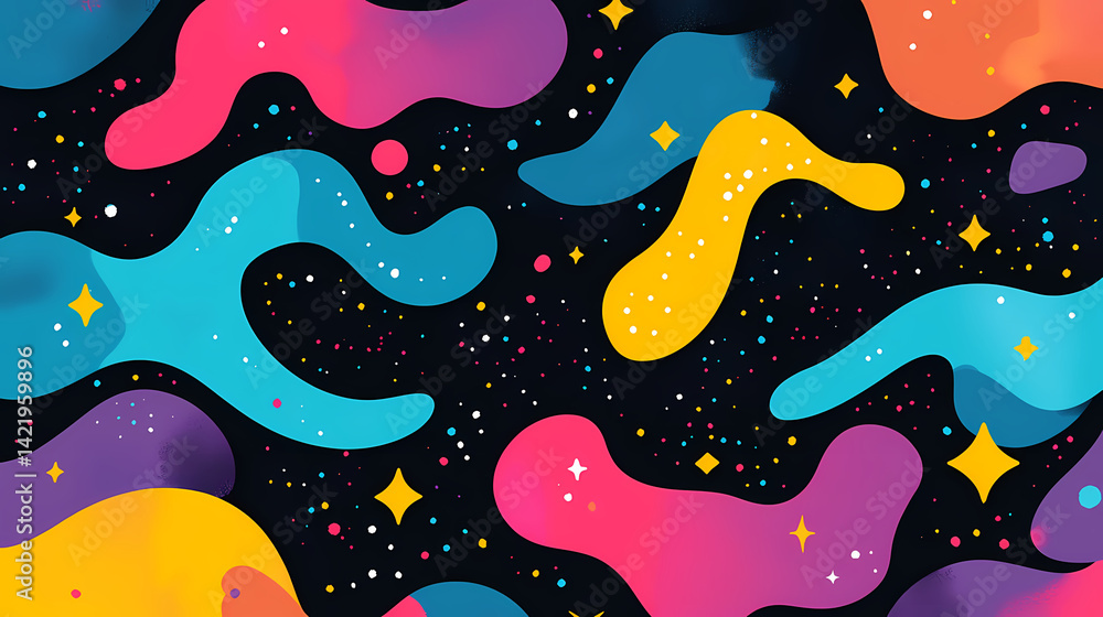A colorful tiedye design with irregular shapes and flowing, abstract patterns. Nightwave Drift. Illustration