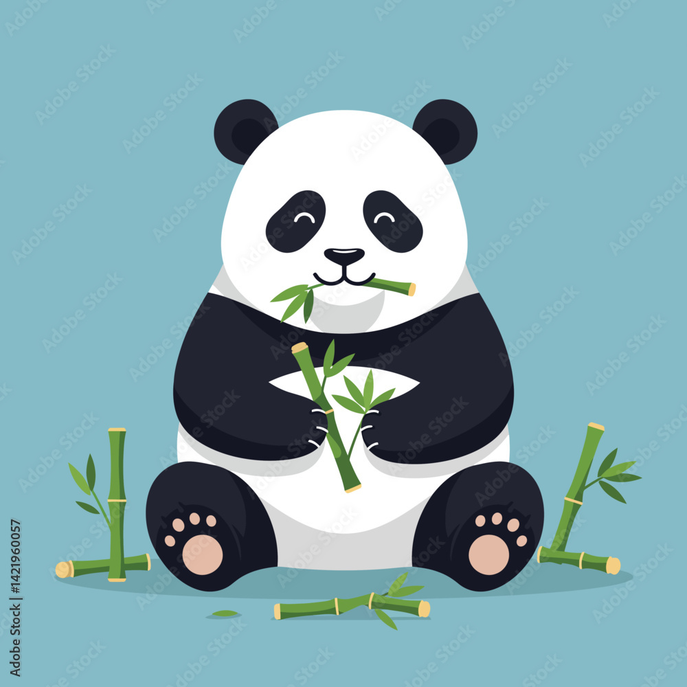 Fototapeta premium Cute panda bear eating bamboo sticks with happy expression on blue background vector illustration 