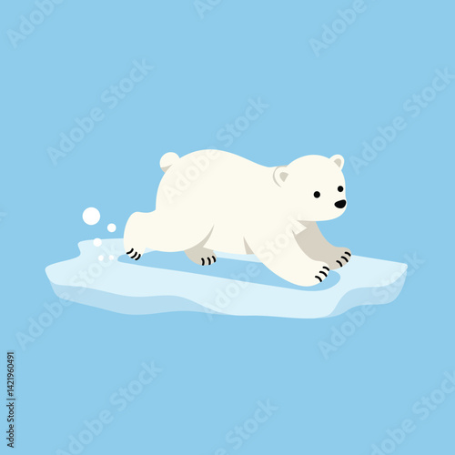 Polar bear running on floating ice with blue background vector illustration for wildlife and arctic themes