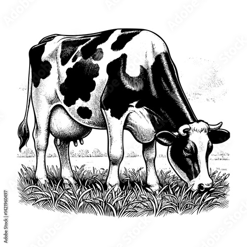 Dairy cow sketch engraving black and white outline. Scratch board imitation.  illustrated in vintage line art style on a white background.