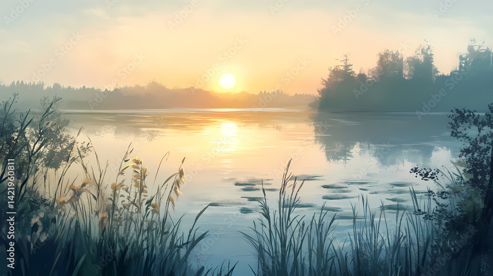 Silvery lake waters reflected sun's gentle caress, sunlight, waters. Hazy Waters. Illustration