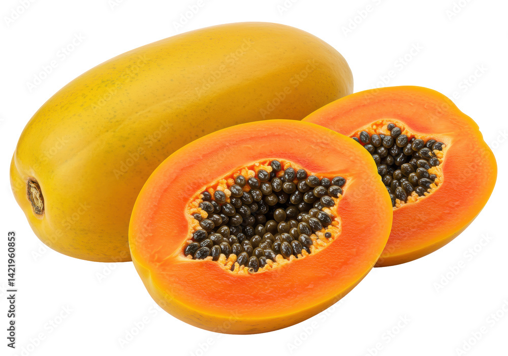 Ripe papaya, whole and cut Ripe papaya, whole and cut