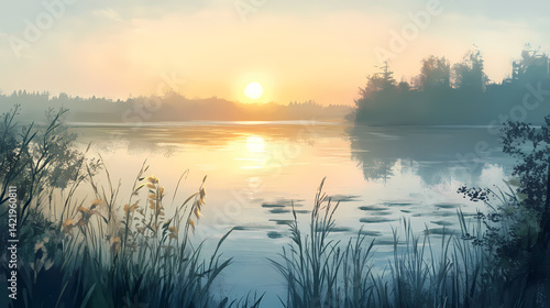 Obraz na płótnie Silvery lake waters reflected sun's gentle caress, sunlight, waters. Hazy Waters. Illustration w salonie